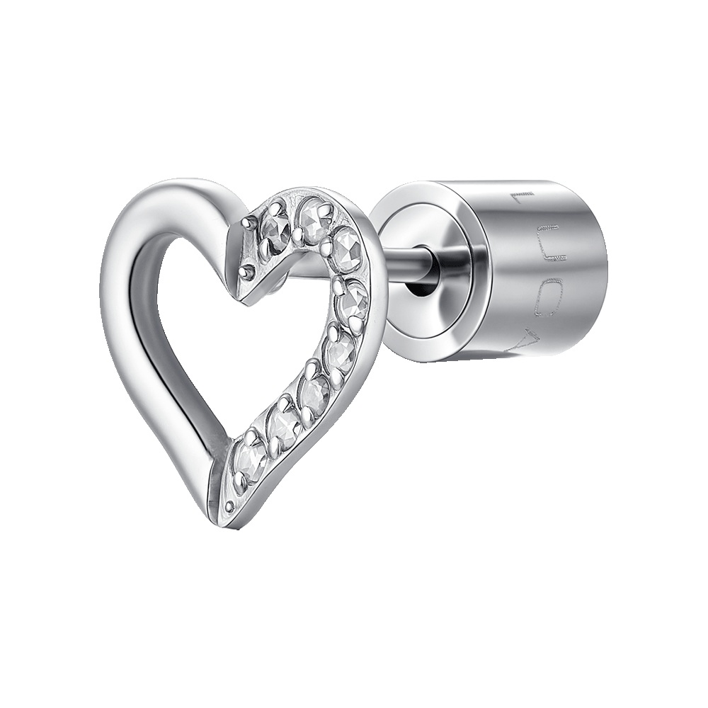 MONO ORECCHINO DONNA IN ACCIAIO CON CUORE CON PETALO CON PUNTI LUCE ZIRCONE BIAN
