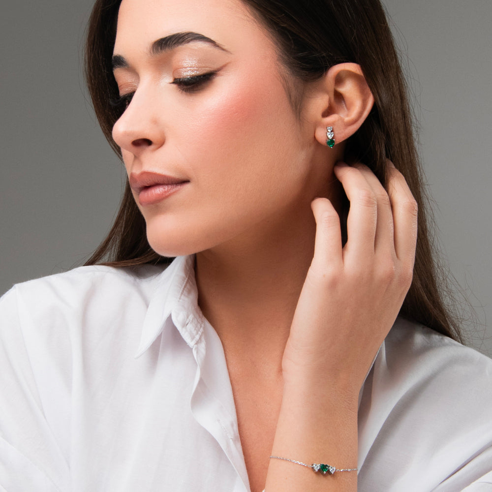 MONO ORECCHINO DONNA IN ACCIAIO CON CUORI CON ZIRCONI BIANCHI E VERDI