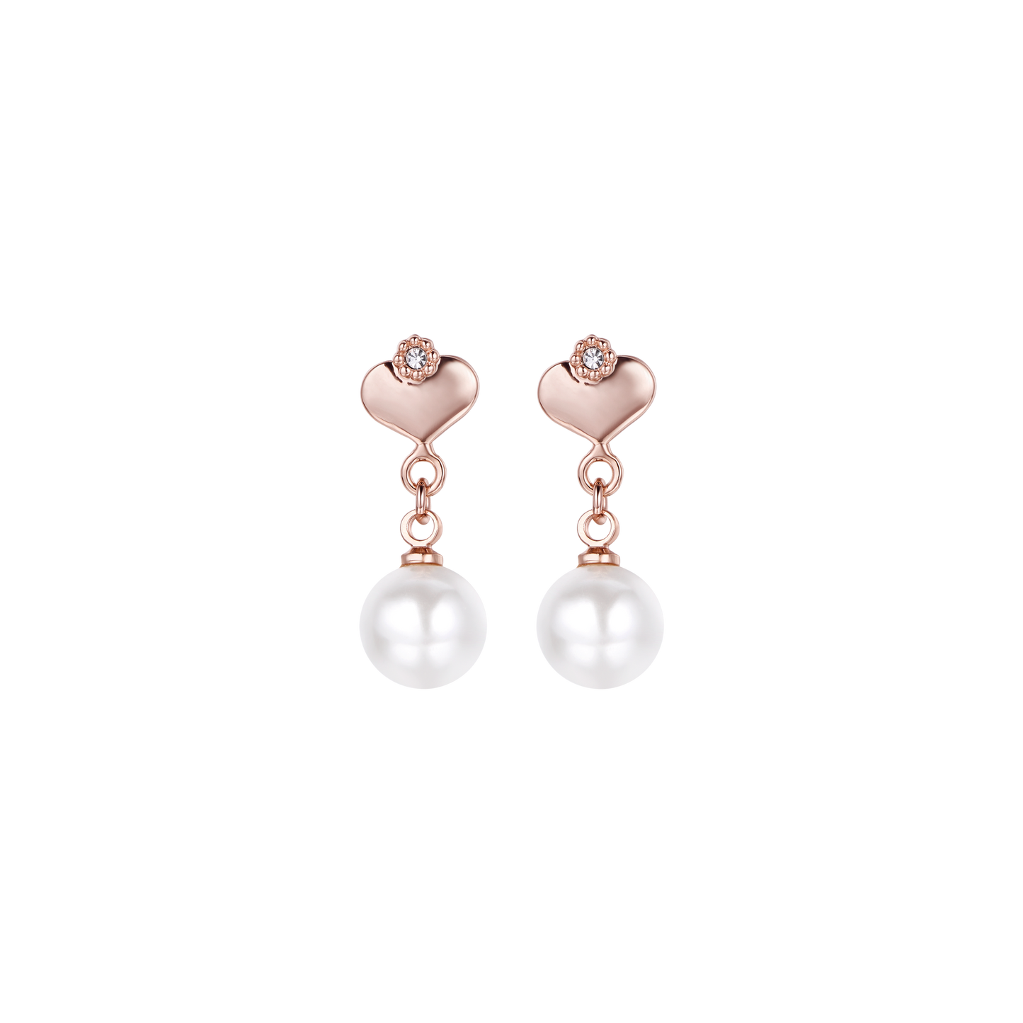 PINK METAL EARRINGS WITH WHITE SYNTHETIC PEARLS AND HEARTS WITH CRYSTALS Luca Barra