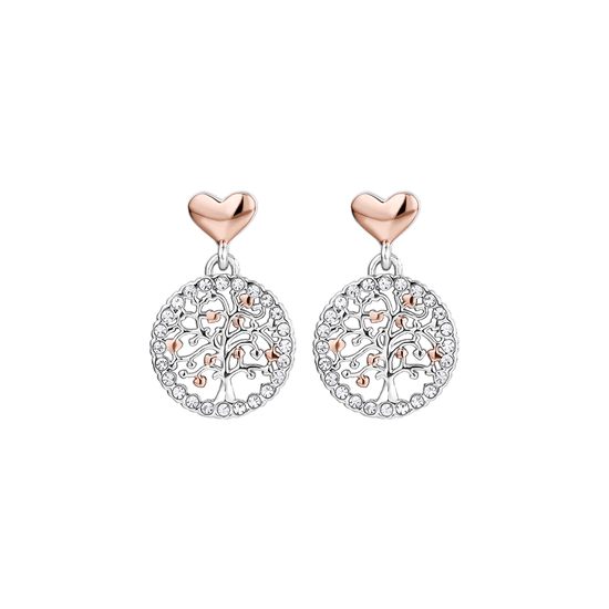 WOMEN'S STEEL TREE OF LIFE EARRINGS WITH WHITE CRYSTALS AND IP RO HEARTS