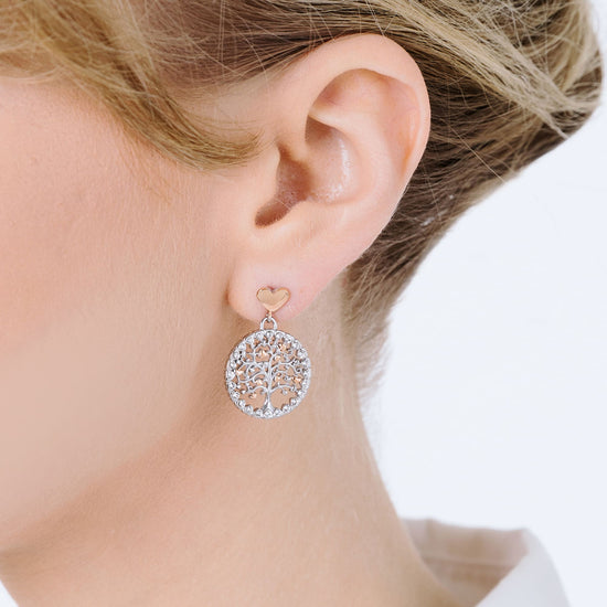 WOMAN'S EARRINGS IN STEEL TREE OF LIFE WITH WHITE CRYSTALS AND HEARTS IP RO Luca Barra