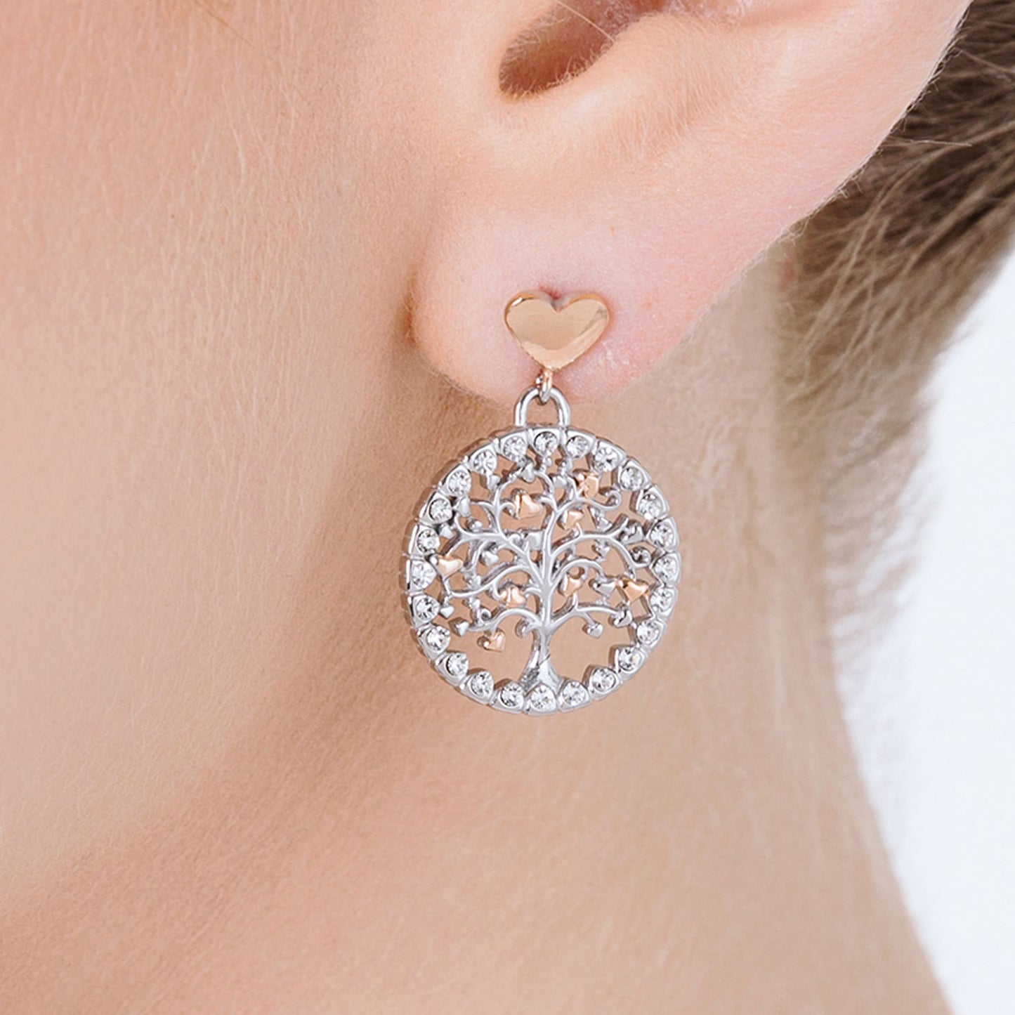 WOMEN'S STEEL TREE OF LIFE EARRINGS WITH WHITE CRYSTALS AND IP RO HEARTS