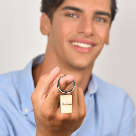STEEL MEN'S KEYCHAIN WITH IP GOLD PLATE AND WHITE CRYSTALS